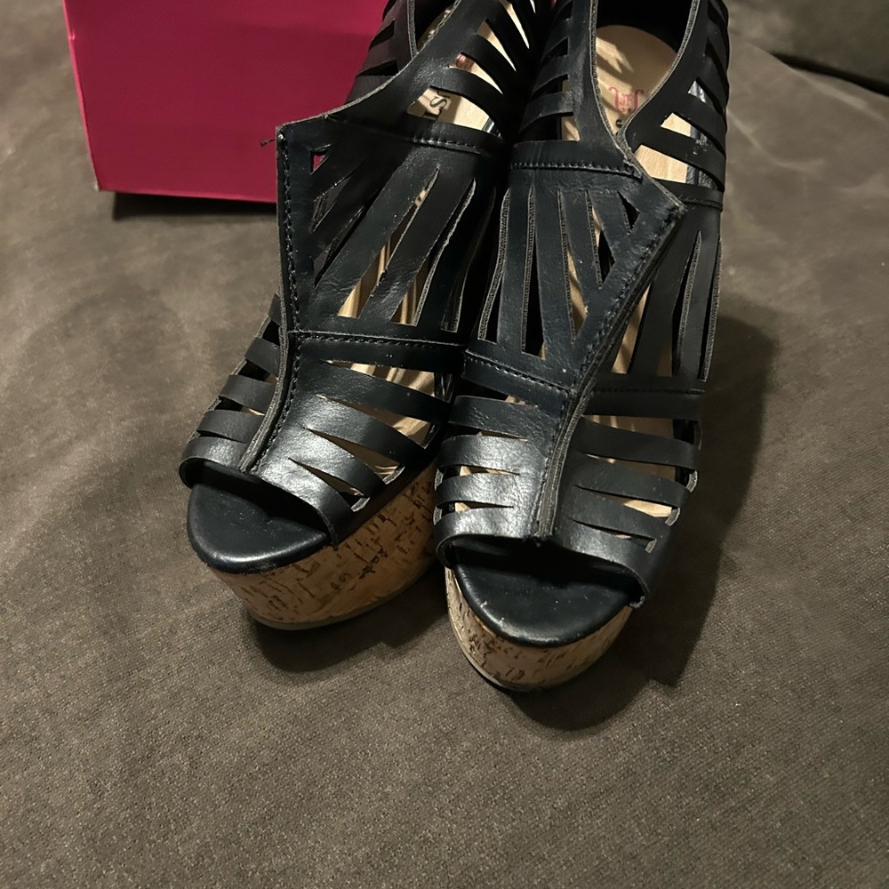 Black Strappy Wedge Sandals